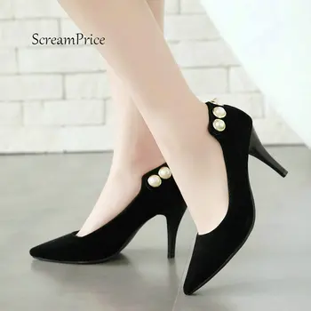 

Women Thin High Heel Slip On Lazy Shoes Fashion Pointed Toe String Bead Dress Party Women Pumps Black Brown Red Green