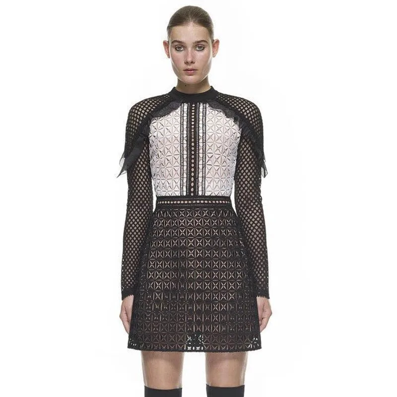 

2019 autumn Runway Hollow Out Dress long sleeve women white black Patchwork Lace dresses robe femme vestidos