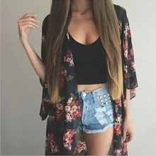 Wanita quimono preto Kasual Vintage Crochet Chiffon Kimono Kimono Cardigan Wanita Panjang Longgar flora printed Blouse Atasan Hitam 63 #