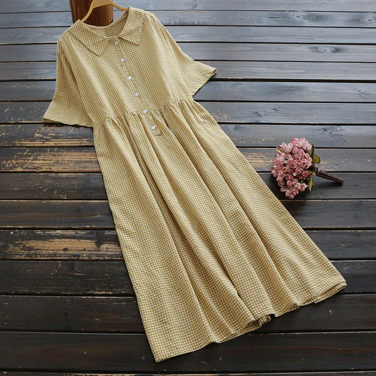 

Mori Girl 2019 Dress Plaid Cotton Summer New Short-sleeved A line Casual Vintage Fashion Loose Robe YoYiKamomo