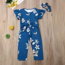 Детская одежда для маленьких девочек; комбинезон с оборками на рукавах и цветочным принтом; комплект одежды с длинными штанами