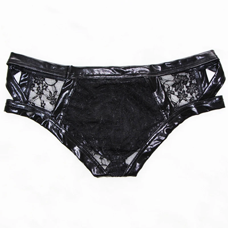 Men Vinyl Underwear Lingerie Sexy Low Waist Lace Patchwork Briefs Underpants Breathable Erotic Fetish Mens Sex Leather Briefs