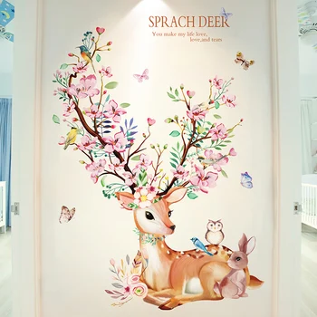 

Peach Blossom Deer Wall Adhesive to Living Room, Bedroom, TV Background Wall, Hallway Wall Decoration Adhesive Paper
