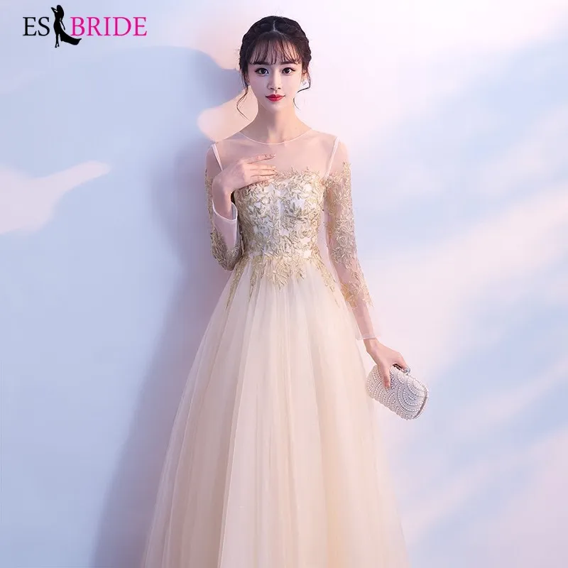 Women Elegant Round Collar Long Sleeve Evening Dresses Formal Lace Fashion Champagne Party Evening Dresses Plus Size ES1398