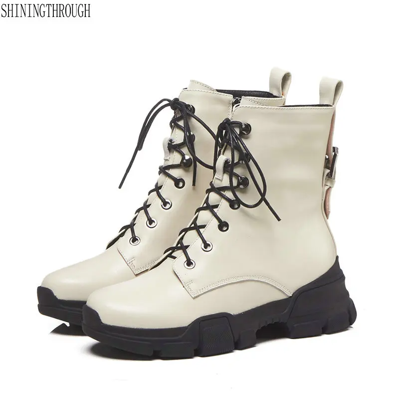 

2019 Women Ankle Boots wedges High Heel Round Toe Spring/Autumn Lace Up cow Leather Ladies Motorcycle Boots