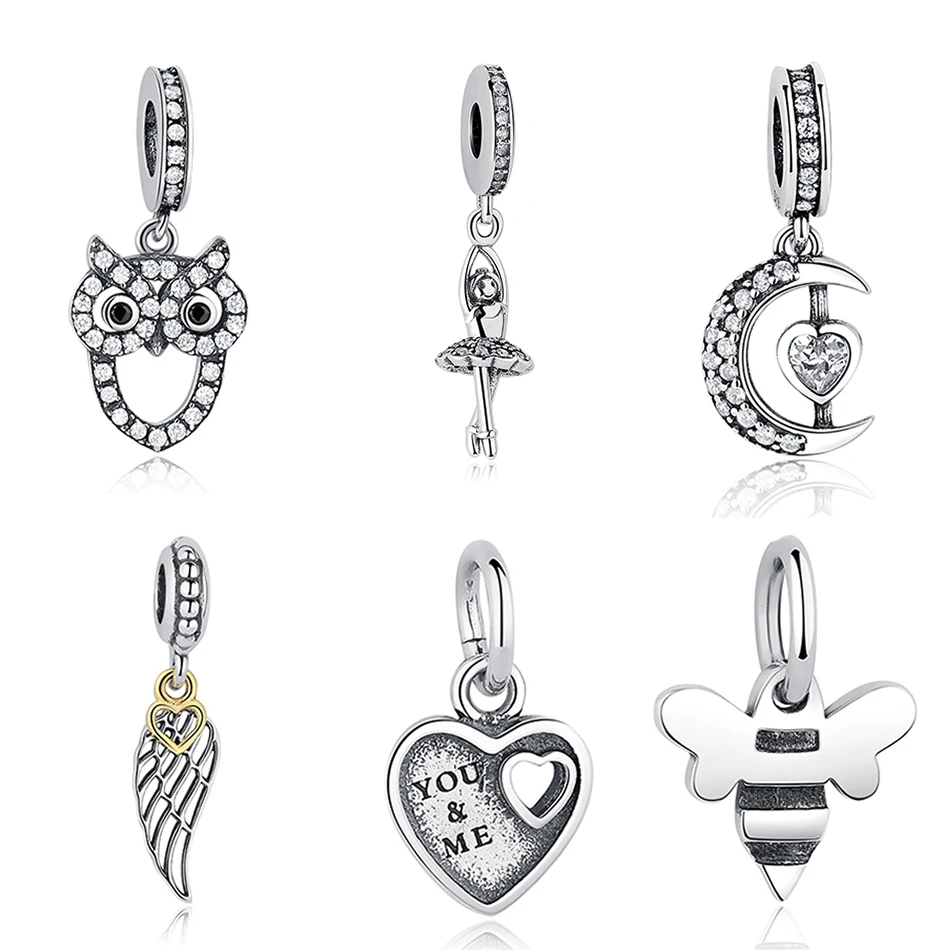 

100% 925 Sterling Silver Animal Owl Bee Feather Moon Heart Charms Beads Fit Original Bracelet Necklace Authentic Jewelry