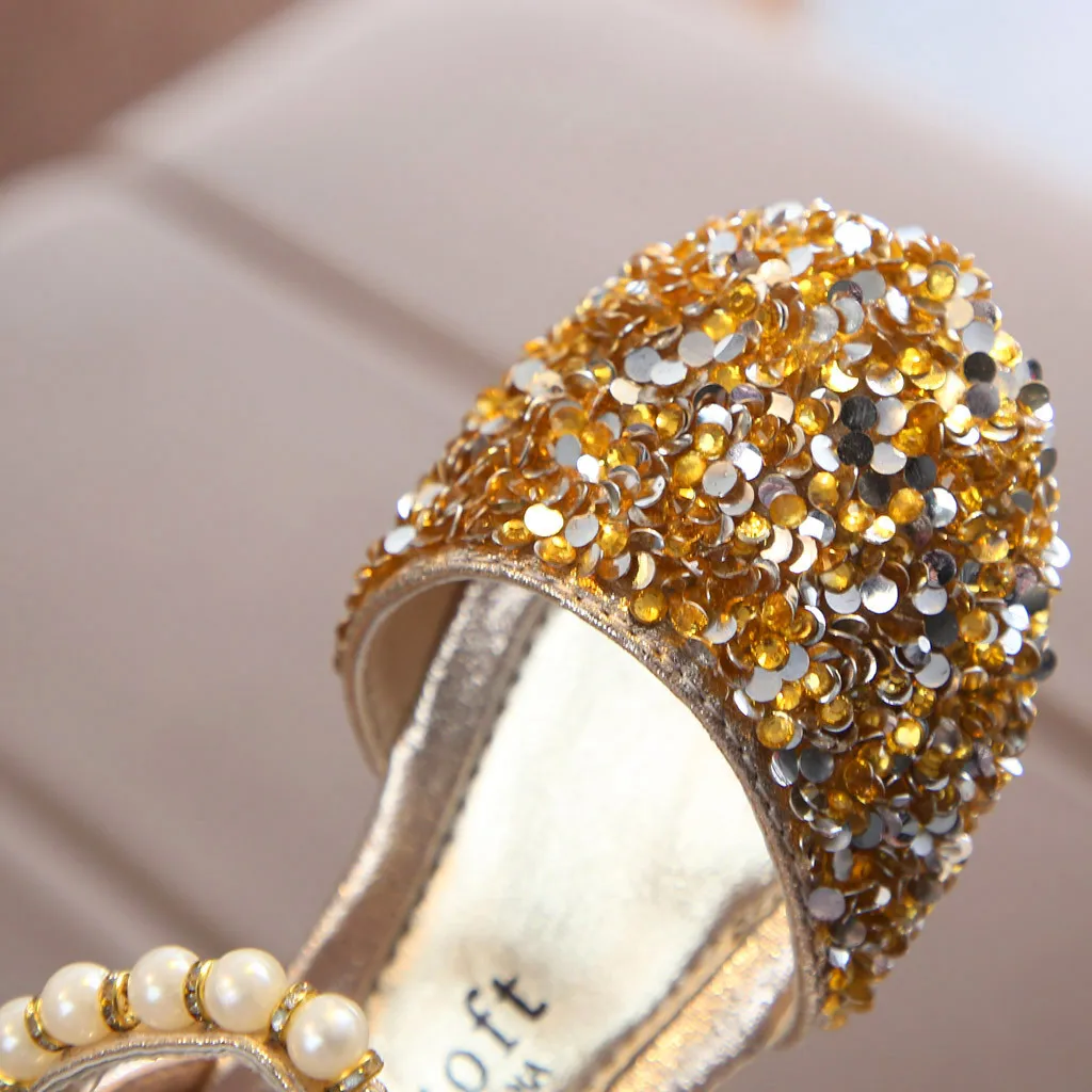 Золотая, серебряная, розовая летняя детская кожаная обувь; повседневная обувь принцессы для девочек; модная обувь с блестками, бантом и жемчугом; кожаная обувь;# Y1
