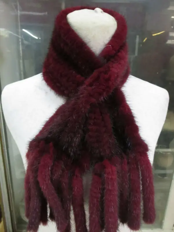 Мода/женская реального норки Мех животных ручной вязки с двумя кисточками шарф/Красное вино