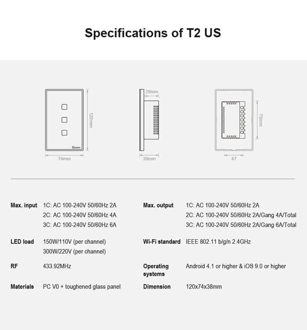 Интеллектуальный выключатель света SONOFF T2US TX Smart Wifi сенсорный настенный выключатель света с границы умный дом 1/2/3 433 RF/Голосовое управление/приложение Управление работает с Amazon Alexa