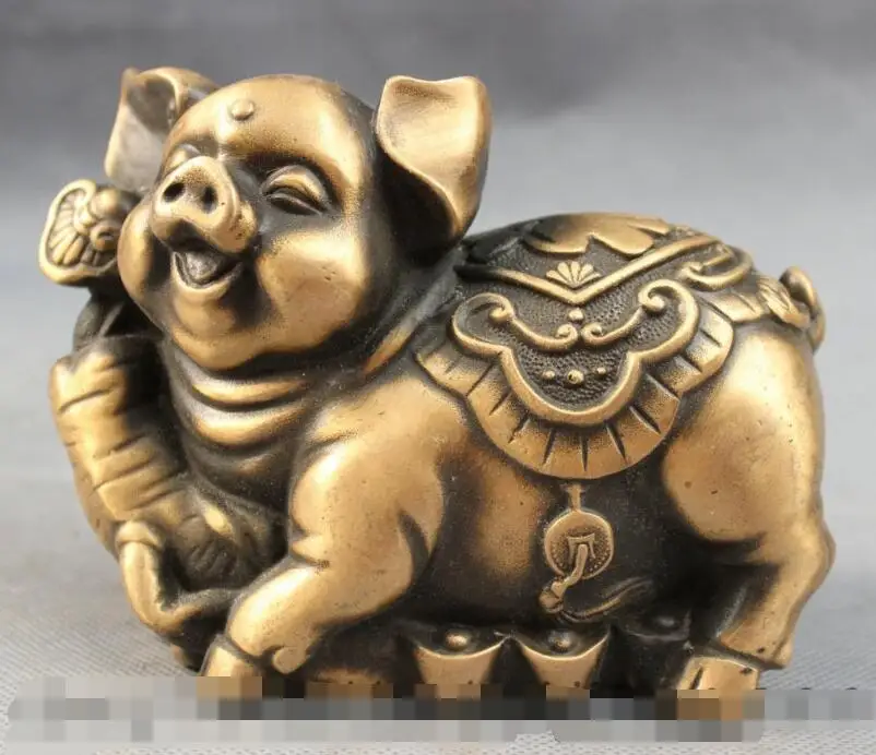 

S07040 Chinese Bronze Folk Zodiac YuanBao RuYi Happy Fu Pig Statue Animals Sculpture