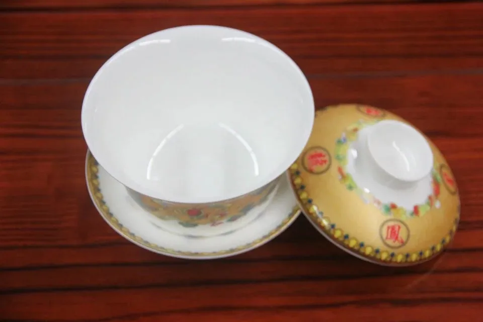 Уникальный китайский чай кунг-фу чай Gaiwan для Молочный Улун костяного фарфора крышка чаши Дракон и Феникс Благоприятный