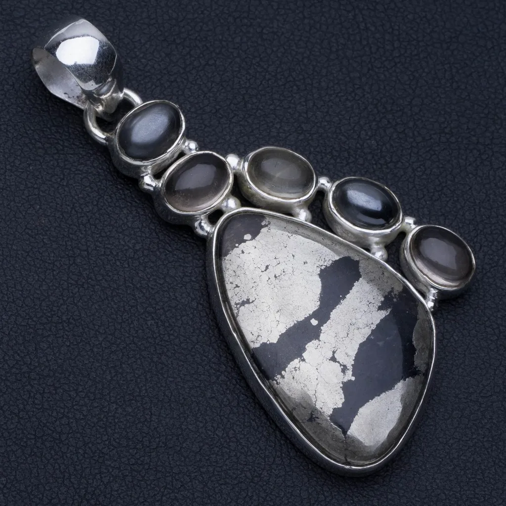 

Natural Apache Gold Stone,Hematite and White Topaz Punk 925 Sterling Silver Pendant 2 1/4" P0308