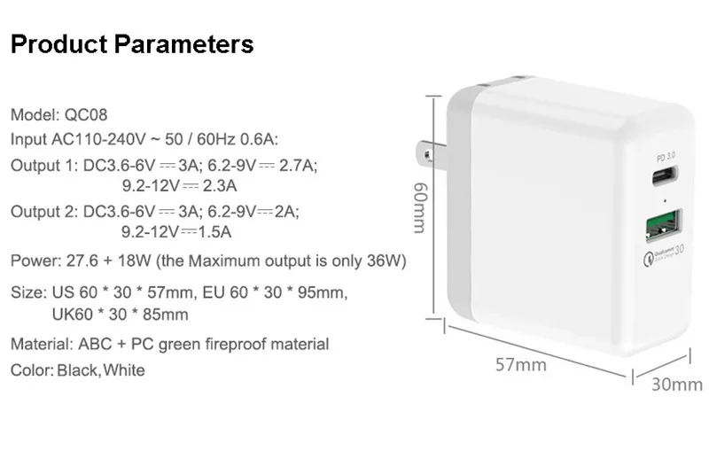 EYON 2 Ports 36W QC3.0+USB-C PD Fast Charger Type-C Travel Wall Quick Charger 3.0 For iPhone X 8 8 Plus SAMSUNG S9 S8+ Note 8 (13)