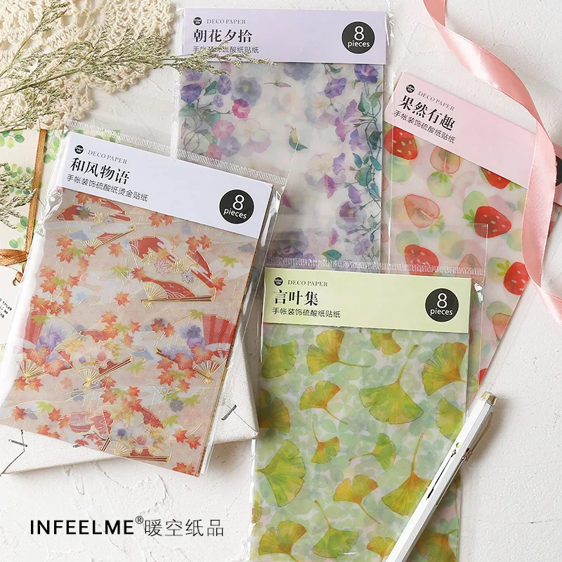 

4style 8pcs Zephyr Series Sulfate Paper Background Sticker Collage Decoration Paste Diy Stickers Diary Scrapbook Stationery