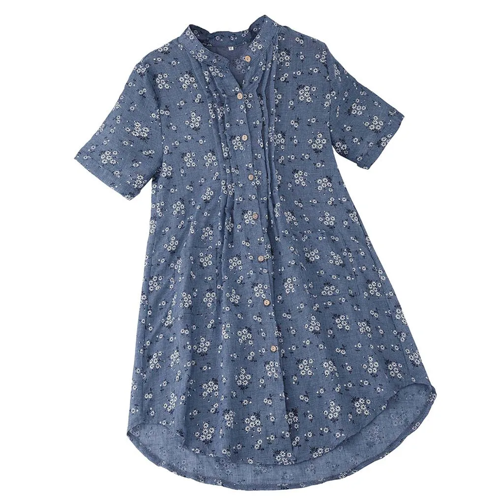 Летняя Модная хлопковая льняная блузка с цветочным принтом размера плюс, свободные топы для женщин, женская рубашка с коротким рукавом, Blusas Femininas, пуловер