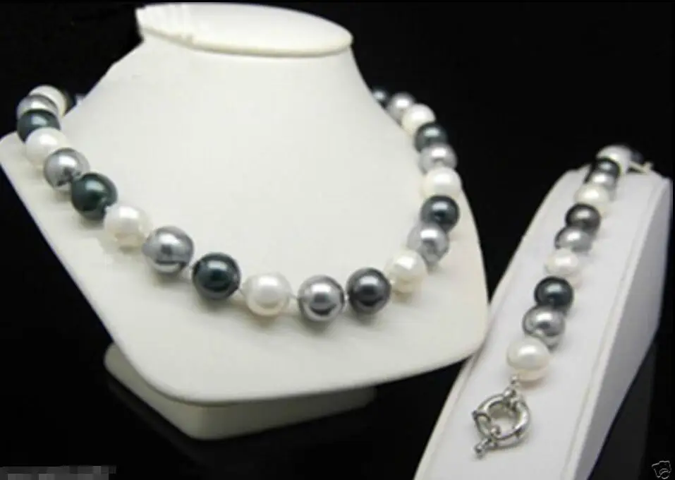 

Hot sale new Style >>>>Round beads 3 color 12mm black Grey white shell Pearl bracelet Necklace 18" set