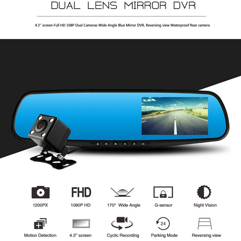 

4.3 inch 1080P Car DVR Camera Mirror Driving Recorder Cycle Recording LED display 170 Degree Dual Lens RearView Drive Recorder