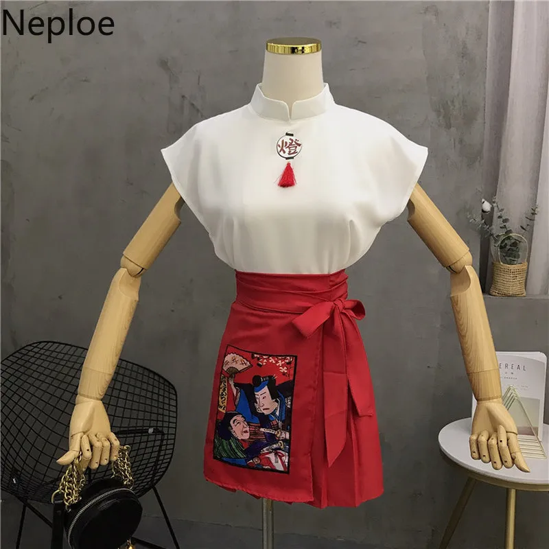 

Neploe 2019 New Fashion Women's Two Piece Set Harajuku Japanese Short-sleeved Tops+ Bandage Skirt 2 Pieces Suit Ladies Outfits