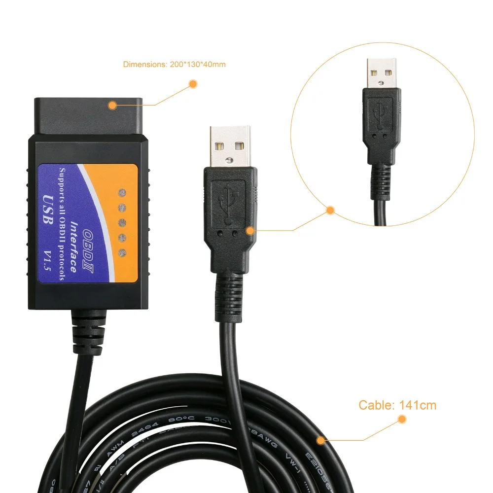 Автомобильный диагностический сканер OBD2 ELM327 USB пластик версия V1.5 ELM 327 интерфейс