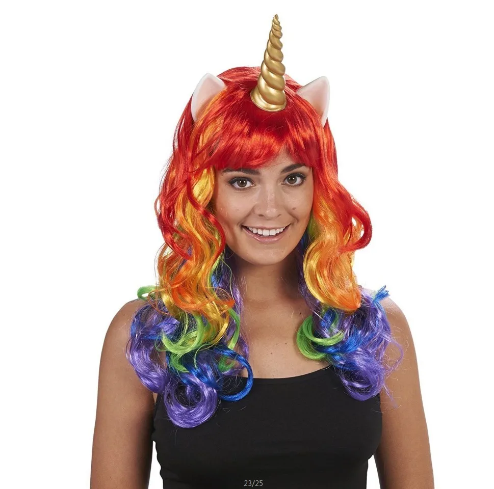 

Kids Cosplay Wig Pony Rainbow White Blue Colorful Synthetic Hair Party Hats New Unicorn Halloween Cosplay Wig With Headband Horn