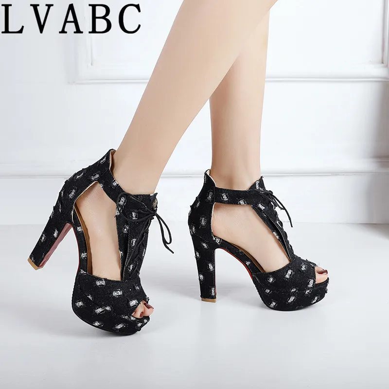 

2018Summer Korean version of the new tie heel shoes waterproof platform ultra high heels hollow sexy open toe fish mouth sandals