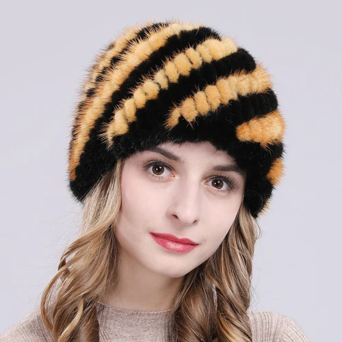 yellow and black Популярная зимняя женская шапка из натурального меха норки, вязаная шапка в полоску, Повседневная шапка из натурального меха норки, русская Высококачественная эластичная шапка из меха норки - Цвет: yellow and black