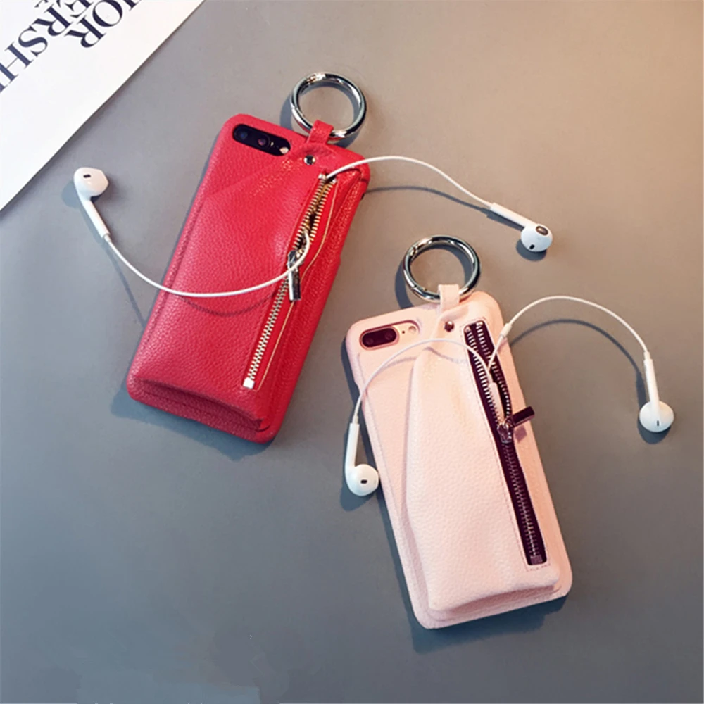 

Original Luxury Leather Zipper Handbag Wallet Phone Cases For iPhone 6 6S 7 8 Plus X Retro Bag Ring Hard PC Back Shell Cover