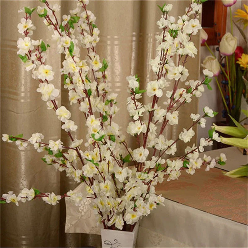 Искусственные вишневые весенние сливы Персиковый Цветок ветка Шелковый цветок для дома Свадебные Декоративные цветы пластик персиковый букет 65 см - Цвет: Белый