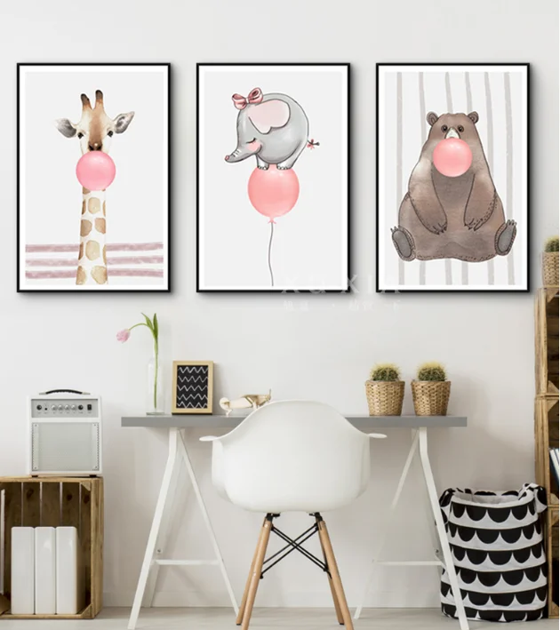 

Cartoon Woodland Animals Pink Balloon Nursery Prints Canvas Paintings POP Wall Art Posters Pictures for Kids Room Decorations
