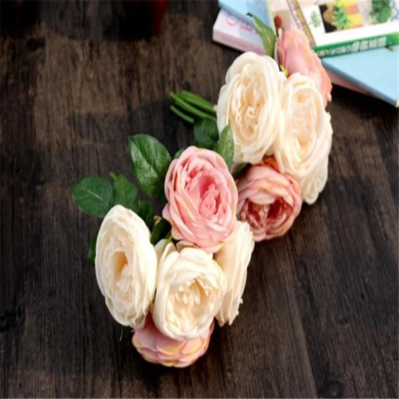 1PCS Hot Sale Artificial Fake Flowers Leaf  Artificial Rose Silk Flowers 5 Flower Head Leaf Garden Decor DIY pink  (2)