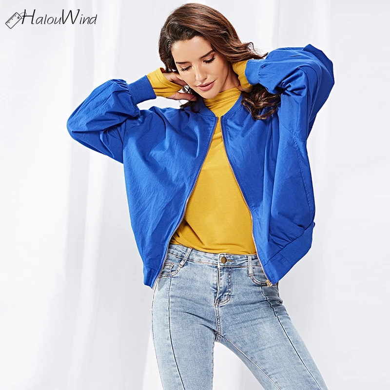 Autumn Streetwear Blue Bomber Jacket Women Harajuku Fashion Long Sleeve