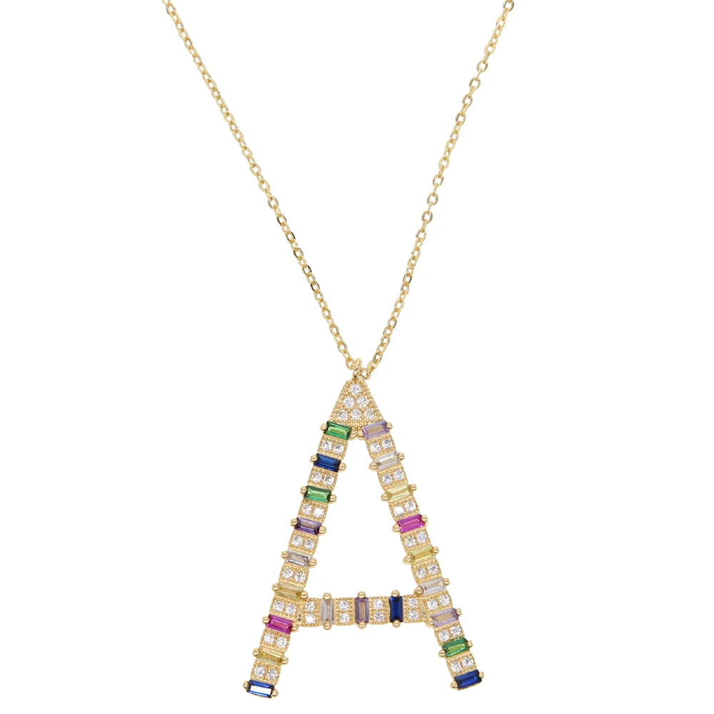 

2019 new arrived customized A letter Alphabet pendant Gold color multi color cz colorful J A rainbow necklaces for women