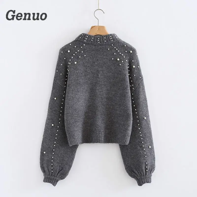 New 2018 Pullover Solid Color Long Sleeve Sweater Women Elegant Casual Elastic Loose Knitted Tops Actumn Pearl Sweater Genuo