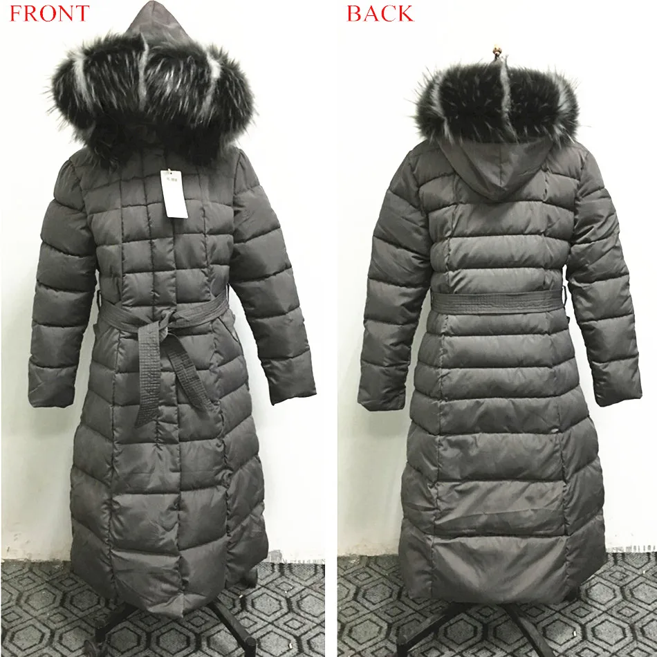 Fashion Winter Jacket Women Big Fur Belt Hooded Thick Down Parkas X-Long Female Jacket Coat Slim Warm Winter Outwear 2019 New