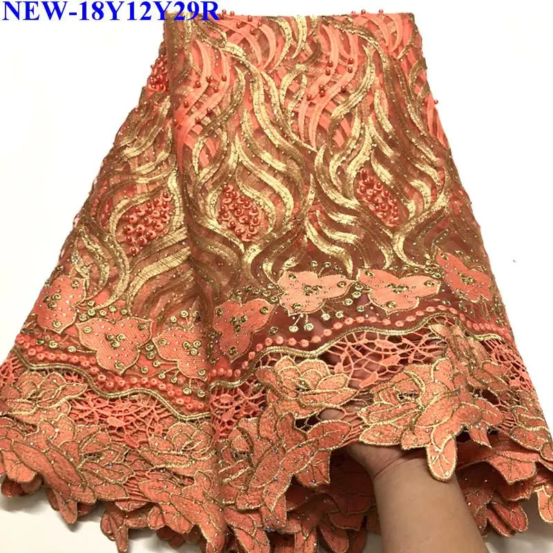 

New African Lace peach High Quality Guipure Cord Lace Fabric With Rhinestones french tulle lace fabrics for Party Dress BS-014