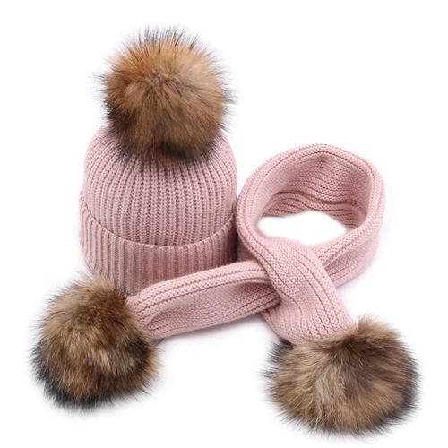 Зимняя винтажная вязаная детская шапка, шарф, набор с мяч из натурального меха енота, Детские теплые для детей от 1 до 3 лет, Детские шапочки, шапки, шарфы - Цвет: Pink - Set