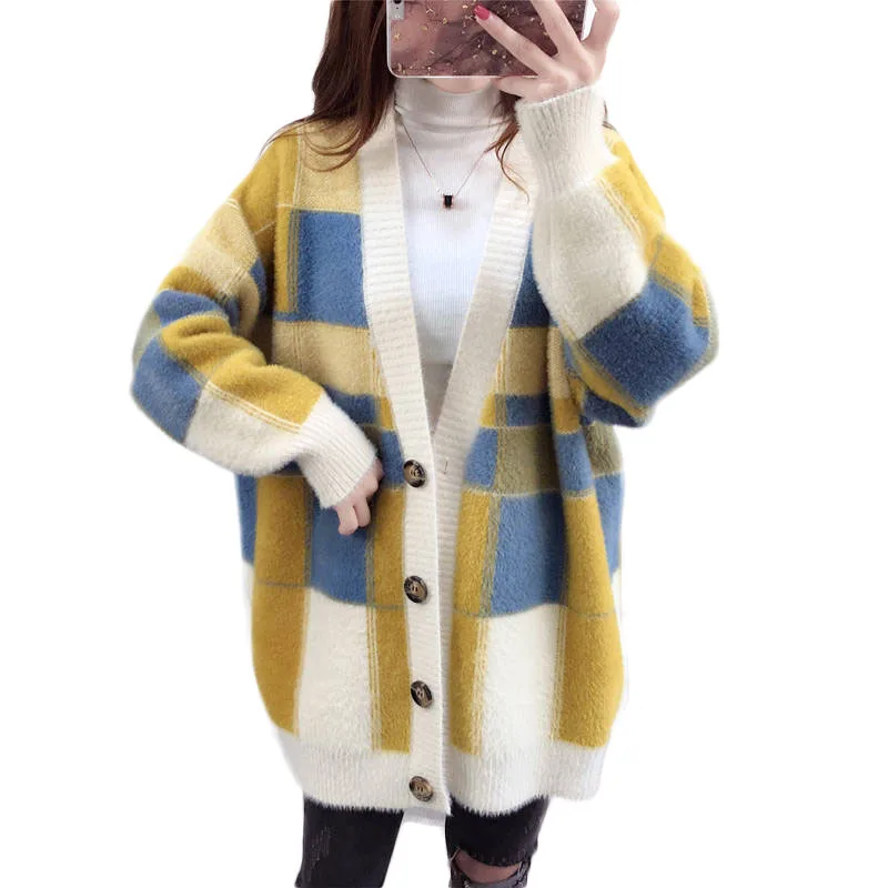

2019 Autumn Winter Women Thick Plaid Sweater Cardigans Female Mink Fur Poncho Single Breasted Knit Harajuku Out Top Knitwear A03