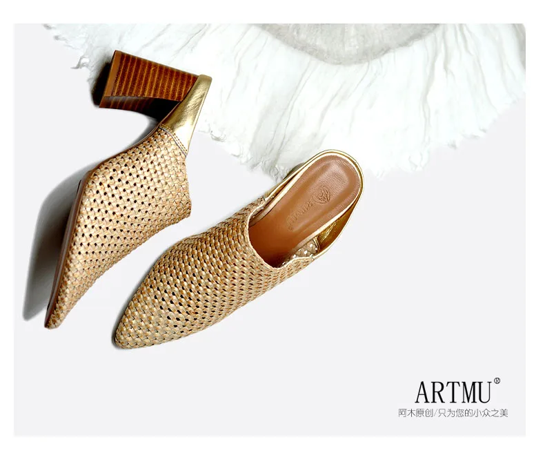 Artmu/оригинальные плетеные шлепанцы с острым носком на толстом каблуке; женская обувь из натуральной кожи; Новые шлепанцы ручной работы на высоком каблуке