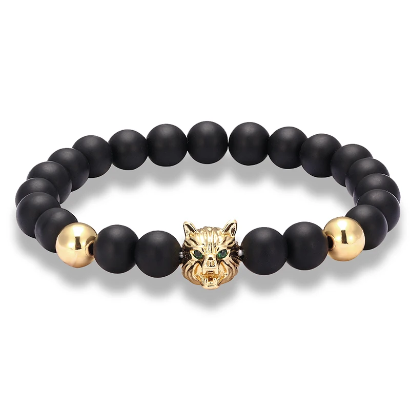

LIVVY New punk men's wolf head bracelet fashion charm black frosted stone bracelet beads natural stone ladies men's bracelet