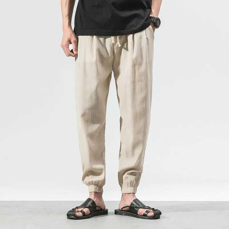 Штаны-шаровары в китайском стиле для бега, мужские хлопковые льняные спортивные штаны, Мужские Повседневные Легкие весенне-летние мужские штаны для бега - Цвет: Бежевый