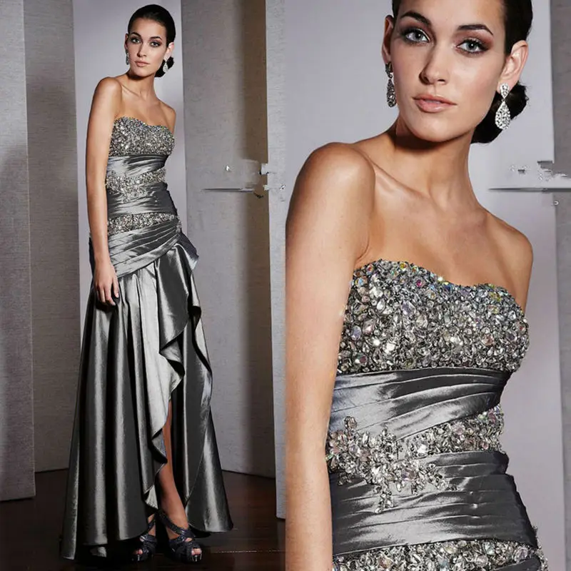 Sweetheart Rhinestone Pleated Drapes Gray Color Short Front Long Back ...