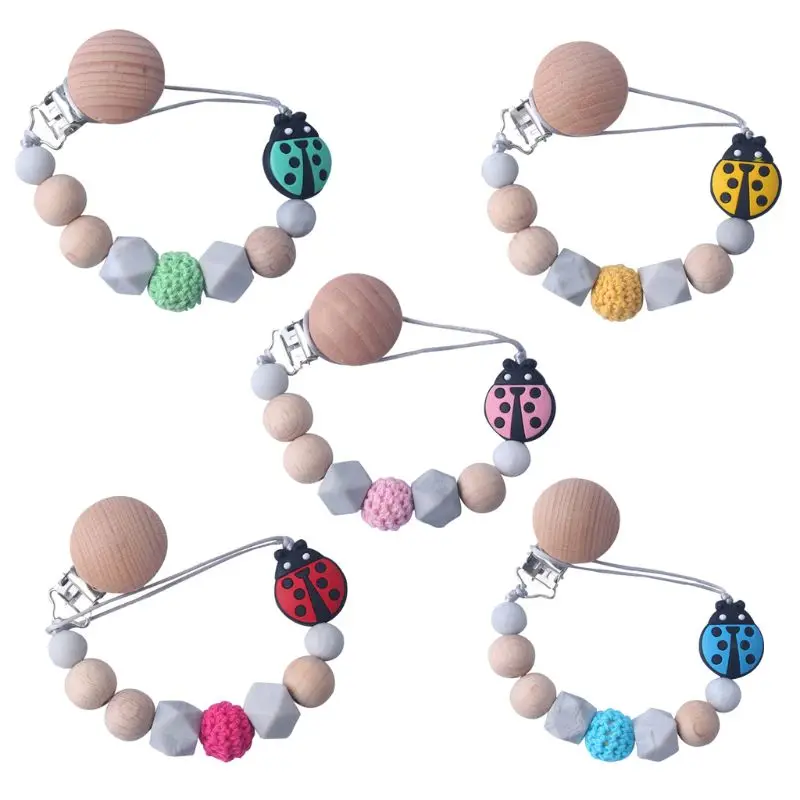 Silicone Pacifier Clip Wooden Bead Dummy Clip Holder Cute Ladybug Beads