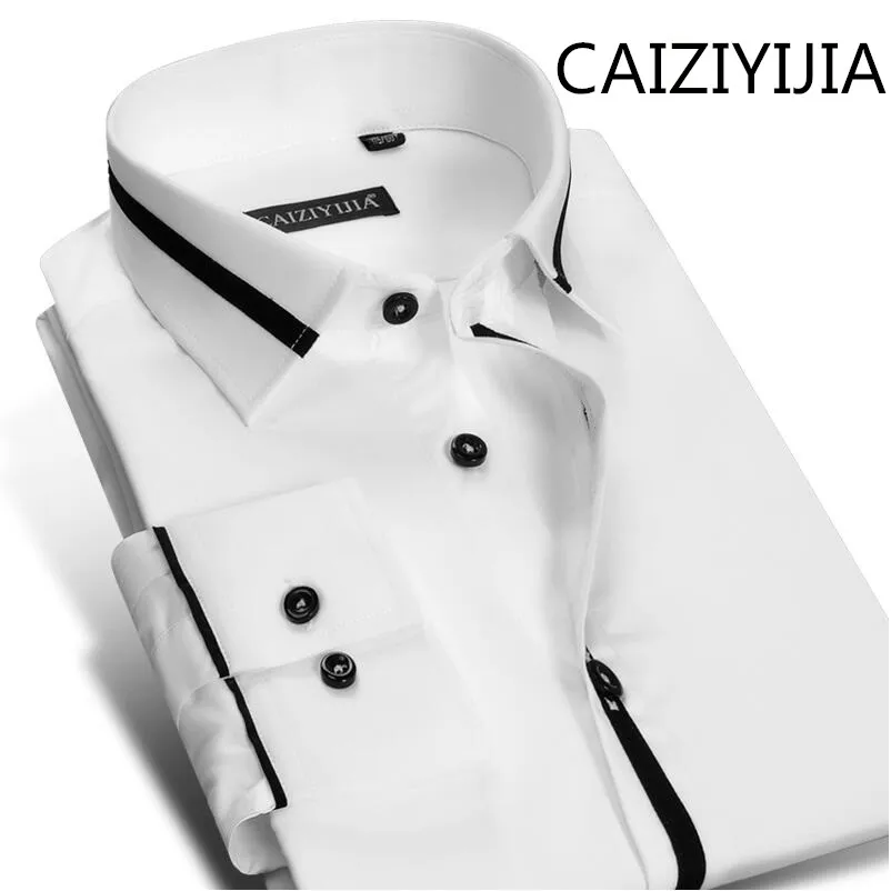 

CAIZIYIJIA Autumn Style Mens Cotton Silm fit Long Sleeve Dress Shirts Fashion Black/White Patchwork Camisa Social Masculina