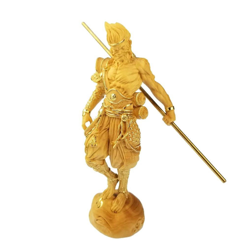 Goedkoop Gold Monkey king Ingelegd goud Hout mensen standbeeld Zon wukong China gift figurine home decoraties gesneden muur decors