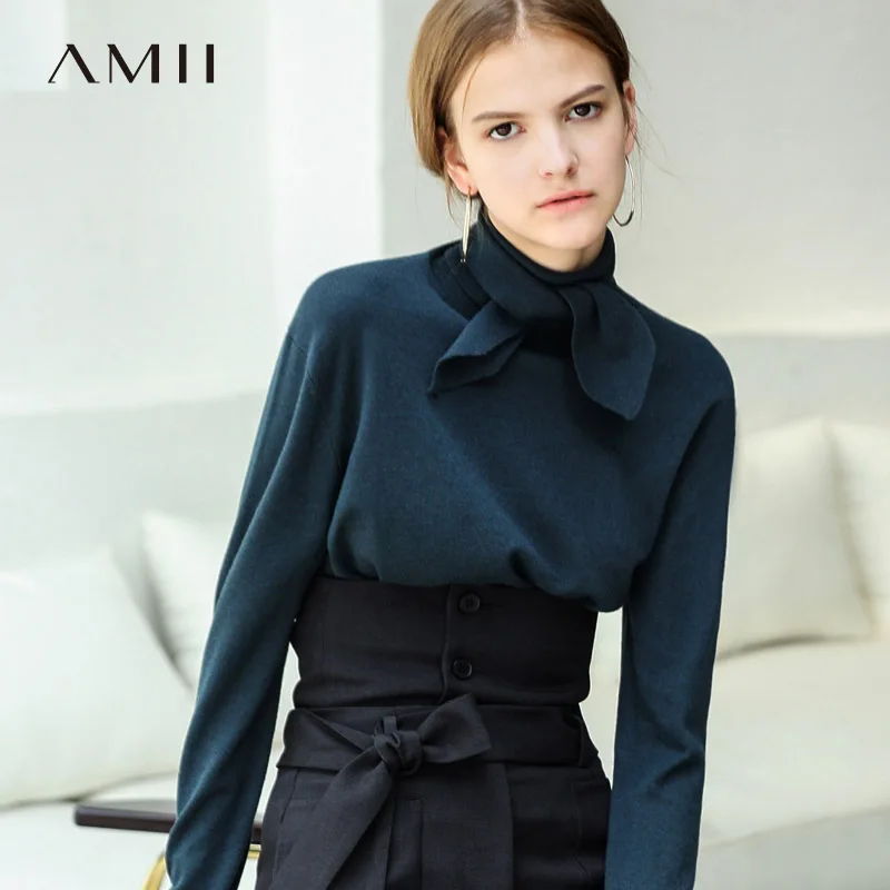 Amii الحد الأدنى النساء 2018 الخريف سترة جودة عالية الأصلي تصميم مستقيم التعادل بأكمام طويلة الإناث البلوفرات البلوزات