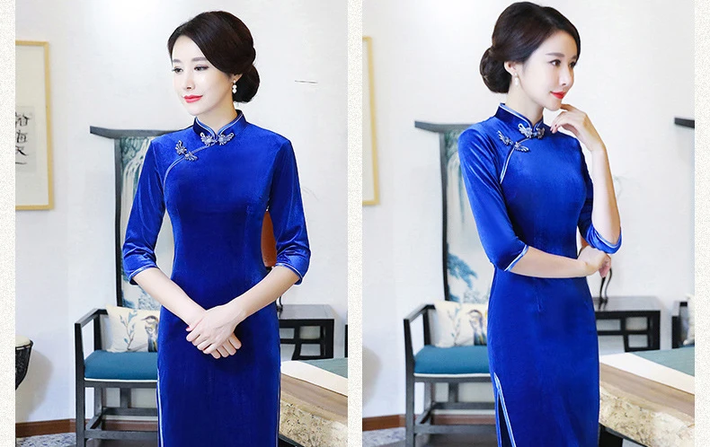 High Quality Green Chinese Ladies' Velour Long Cheongsam Qipao Elegant Slim Long Evening Qipao Dress Mother Wedding Qipao