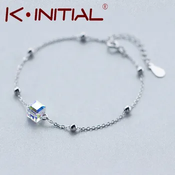 Kinitial 1Pcs New 925 Sterling Silver Austrian Crystal Bracelet Bangle for Women White Gold Cube Crystal Bracelet To Weddings