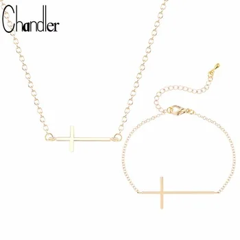 Chandler Silver Gold Color Jesus Cross Pendant Necklaces Bracelet For Women Religious Long Cross Statement Ethnic Jewelry Set