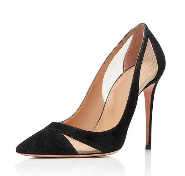 

Hot Selling Sexy Black Red Flock Leather Hollow Stiletto Pumps Pointed Toe Slip On Thin High Heel Party Girl Shoes