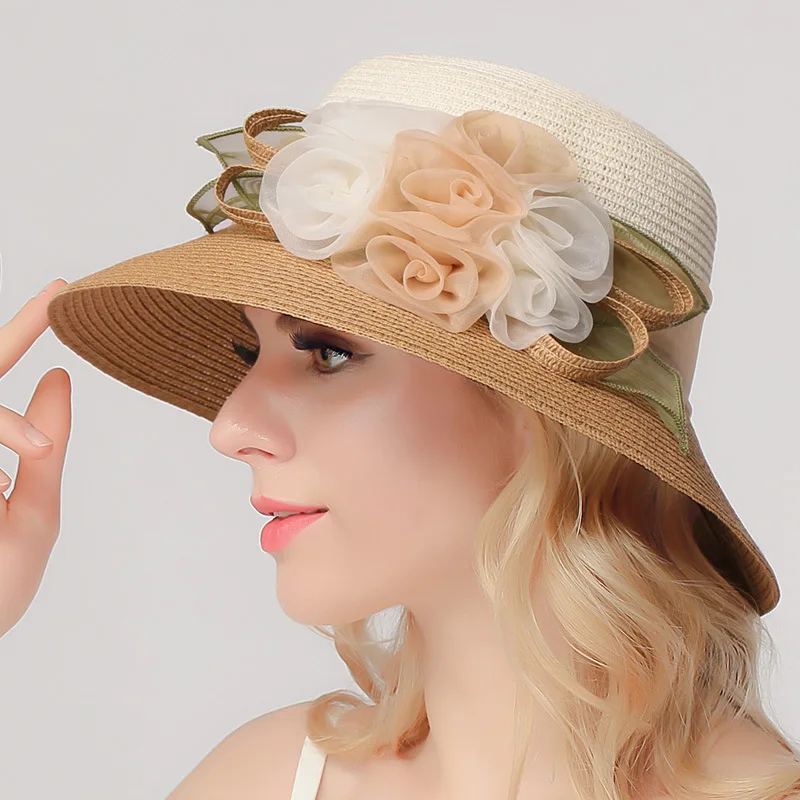 Новое поступление, шляпа от солнца с широкими полями, женская летняя соломенная солнцезащитная Кепка, Студенческая Цветочная тонкая Солнцезащитная пляжная кепка для девушек, кепка для путешествий, B-7709 - Цвет: Хаки